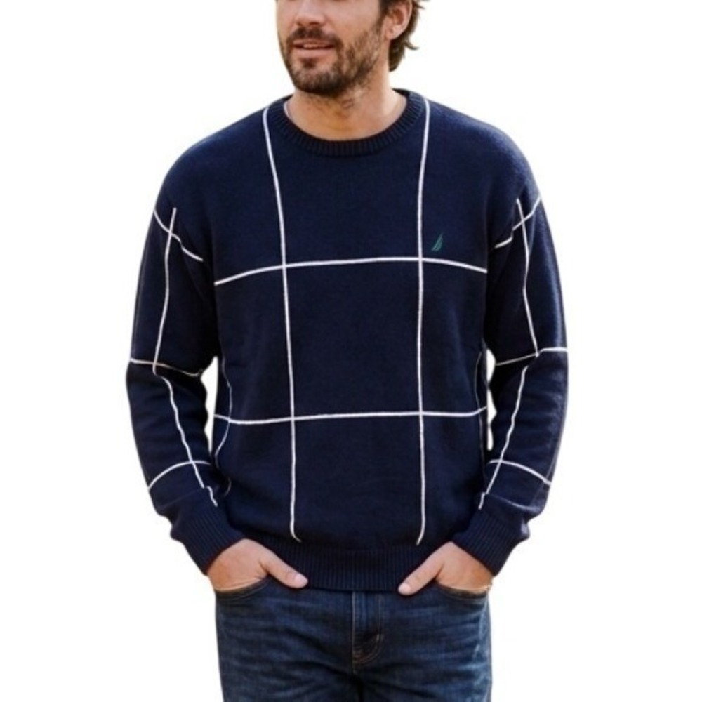 Vintage‎ Nautica Mens Sweater M Blue White Windowpane Grid Knit Cotton Pullover
